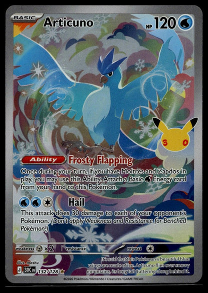 Articuno #132/128 (NM, ME: 30th Celebration) (front)