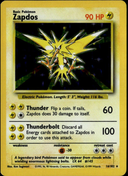 Zapdos Holo #16/102 (NM-, Pokemon Base Set)