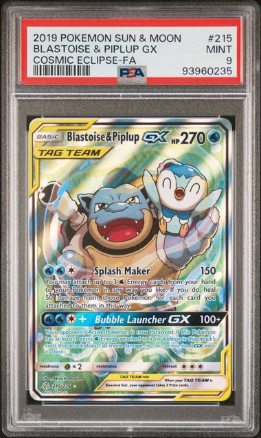 Blastoise & Piplup GX #215/236 (PSA 9, Cosmic Eclipse)