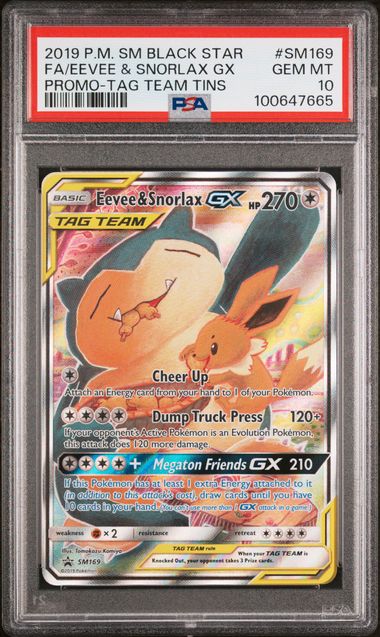 Eevee & Snorlax GX #SM169 (PSA 10, S&M Tag Team BSP)